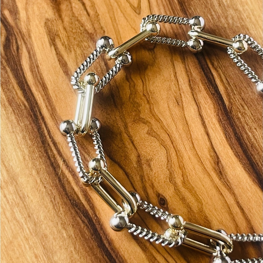 Two-Tone Gold & Silver Tone Rectangle Link Bracelet with Twisted Rope Detail